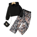 girls' two-piece hoodie set: black hooded sweatshirt & camo cargo pants - stylish & sporty autumn outfit for kids