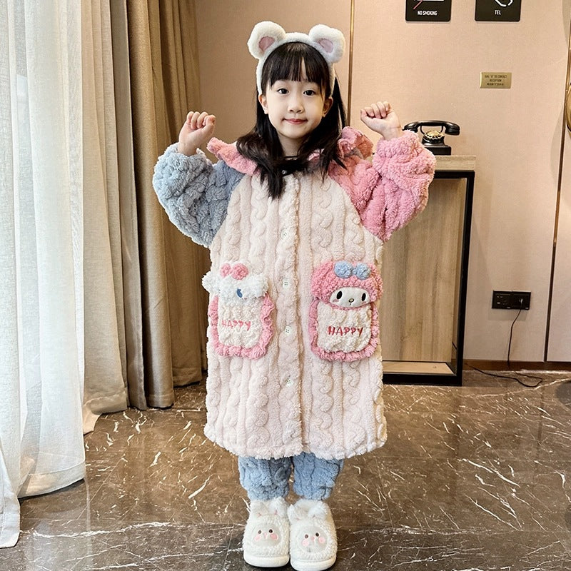 Girls' winter coral fleece pajamas, kids' robe autumn and winter set, flannel cartoon hooded loungewear