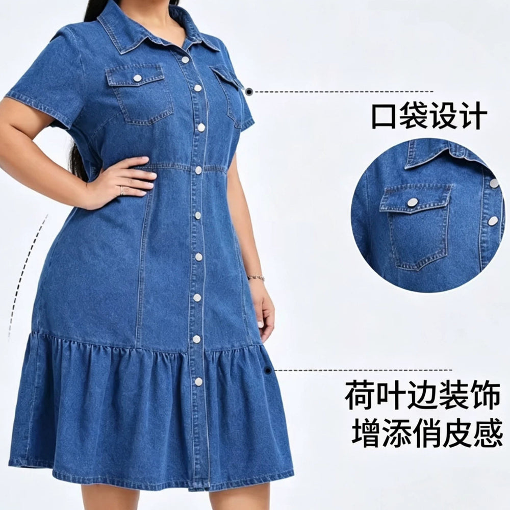 summer fashion cross-border  independent station short sleeve lapel casual style women's denim dress