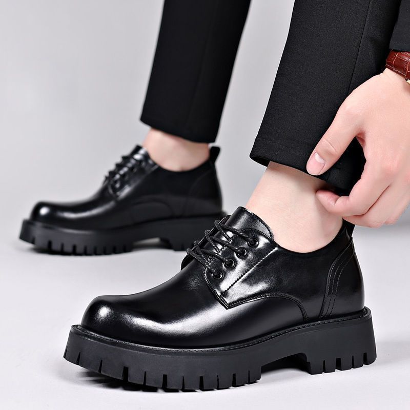 Genuine leather soft sole 5cm height increasing men's leather shoes - autumn thick sole waterproof non-slip casual men's sneakers - black formal shoes
