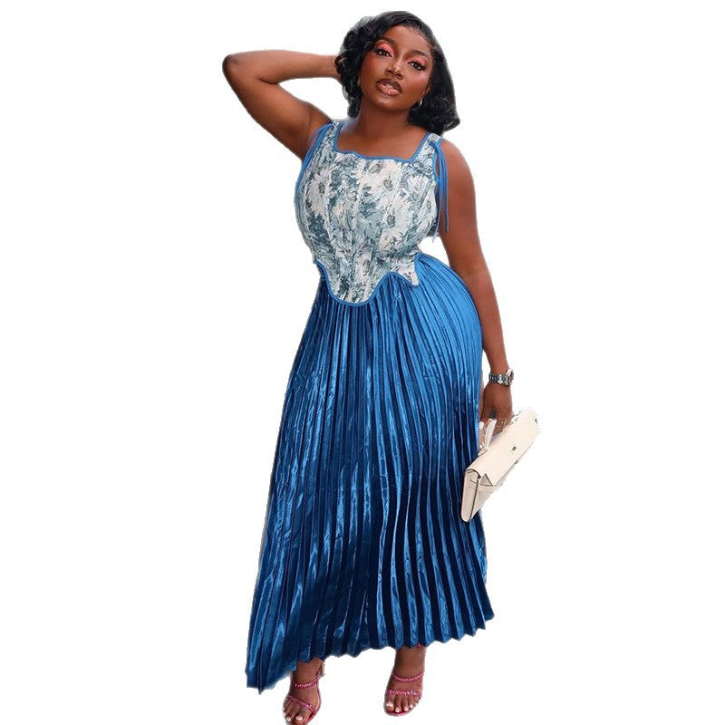 European and american cross-border women's fashion:  autumn new collection - elegant asymmetrical tie-up sleeveless top and pleated midi skirt set