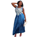 European and american cross-border women's fashion:  autumn new collection - elegant asymmetrical tie-up sleeveless top and pleated midi skirt set