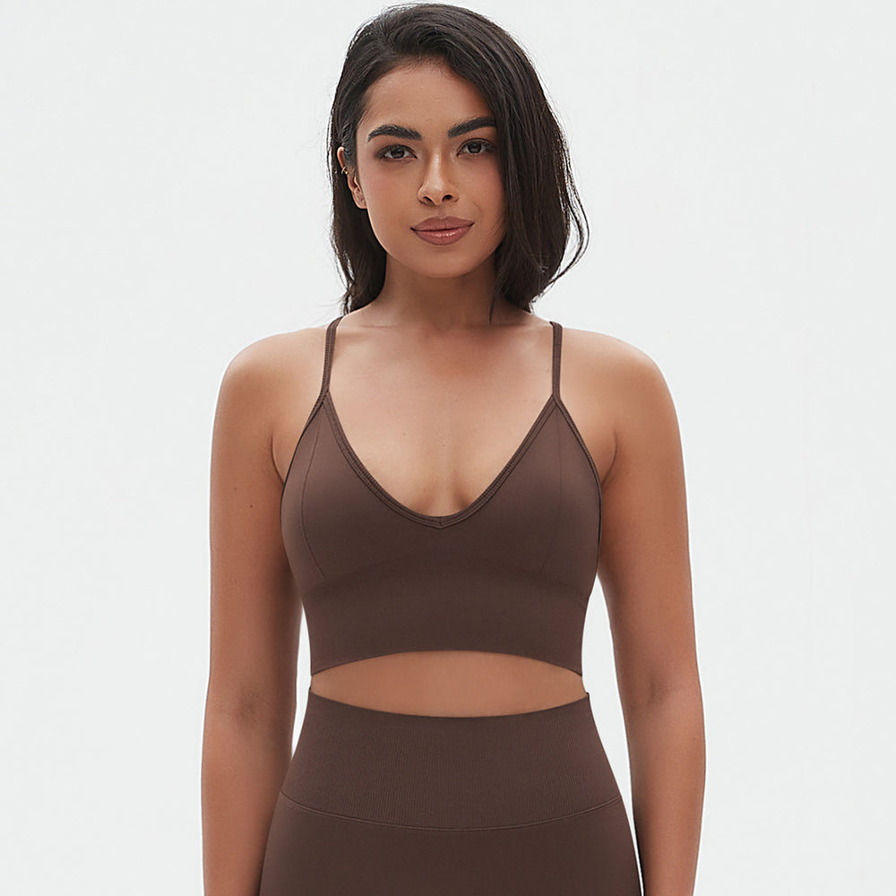 European and american seamless solid color v-neck camisole bra sports bra backless top breathable sweat-wicking yoga top fitness tank top for women