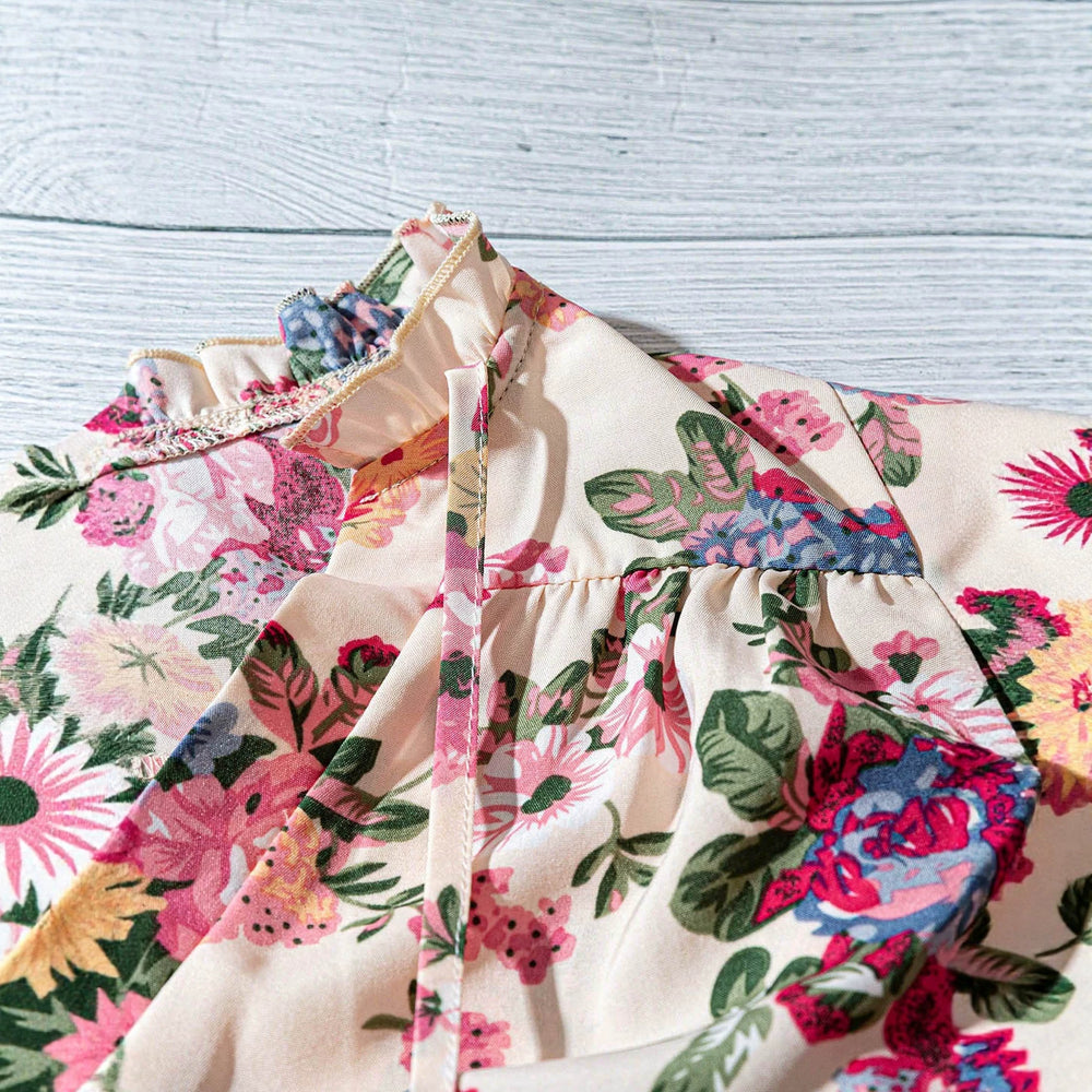 Export plus size casual floral shirt with fungus edge neckline and straps v neck full-width flower printing short-sleeved snow