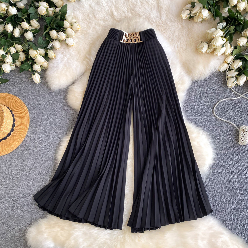 Summer lightweight casual pants for women - drawstring elastic waist, wide leg, loose fit, slimming, drapey, pleated trousers