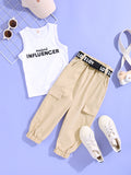 summer collection: girls' cotton printed letter tank top + patch pocket cargo pants set - cross-border fashion for toddlers