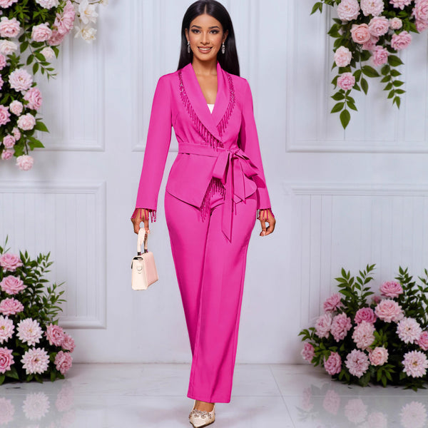 V-neck bead lace-up waist long-sleeved blazer, high-waisted versatile straight-leg pants set Two-piece set