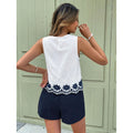 Women's embroidered cutout crew neck sleeveless tank top and casual shorts set, loose-fit summer outfit for everyday wear