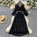 French chic diamond-embellished v-neck batwing sleeve tie-waist maxi dress - slimming, elegant, and flowy chiffon