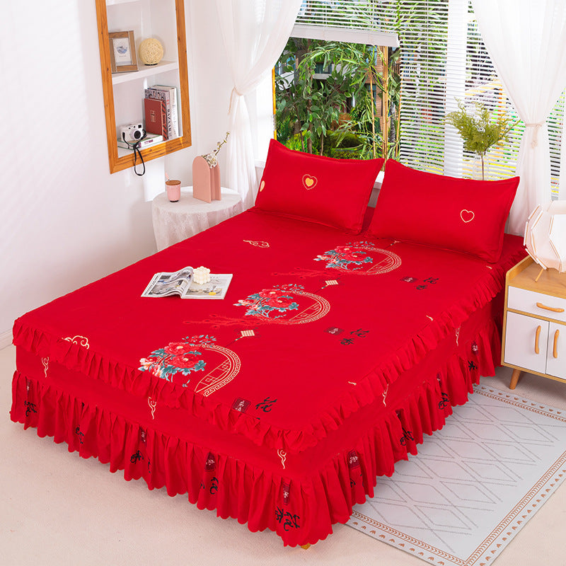 Bedspread bed skirt three-piece set korean style lace bed cover fitted sheet bed cover 3-piece set 1.68m bed 2.0 bed protector