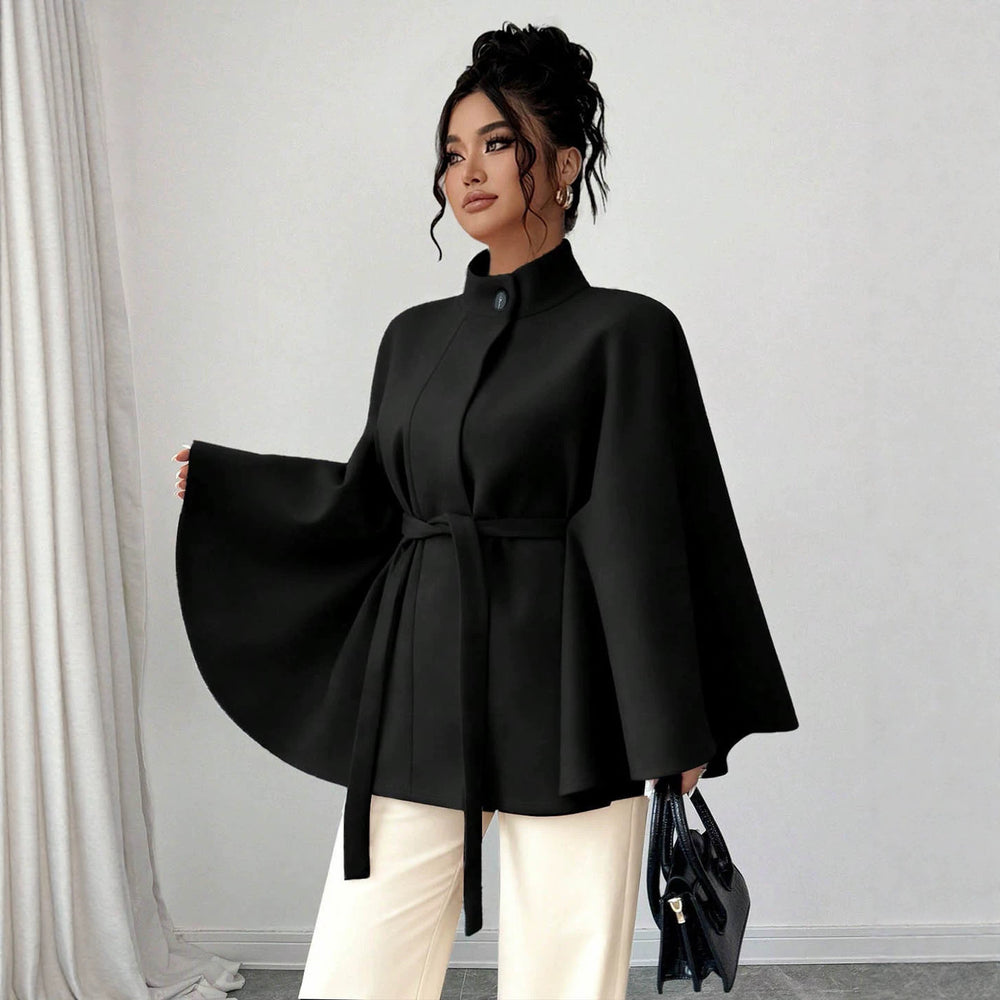 fashion stand collar waist plus sizeshortwoolen cape outwear wide sleeves tie backslimming look