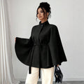 fashion stand collar waist plus sizeshortwoolen cape outwear wide sleeves tie backslimming look