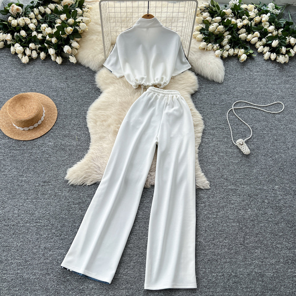 Fashionsuit women's  summer hong kong style drawstring waist short contrast color stand collar tops high waist denim loose pants