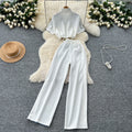 Fashionsuit women's  summer hong kong style drawstring waist short contrast color stand collar tops high waist denim loose pants