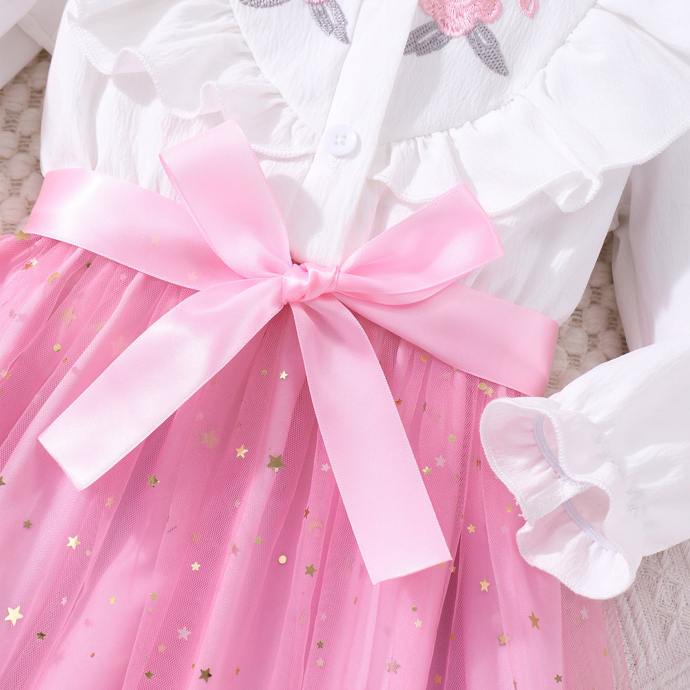 Girls' dress, pearl sleeve solid color dress
