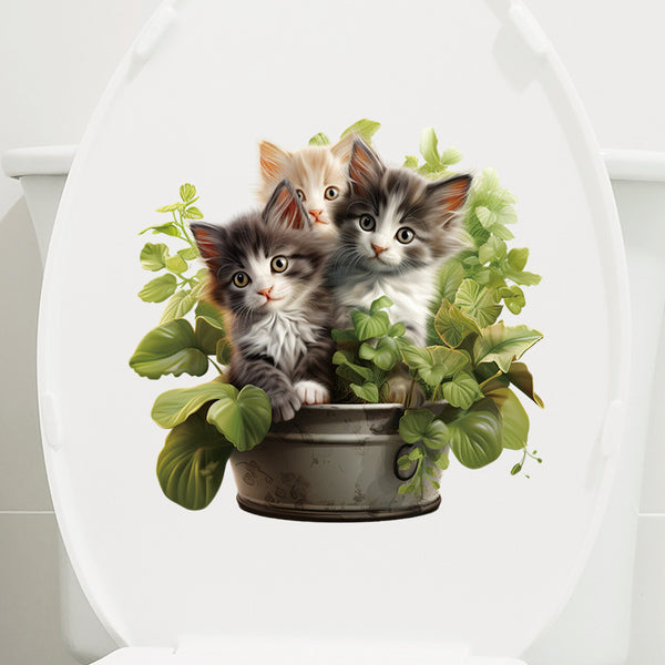 Photo cartoon cat toilet sticker decorative sticker on bathroom toilet lid cat toilet sticker in potted plant