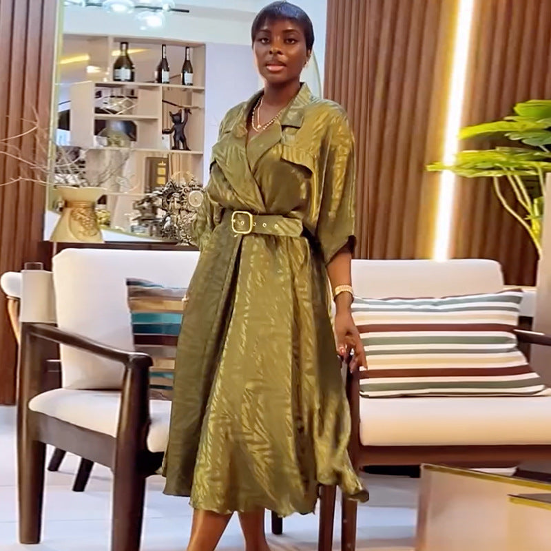 European and american women's clothing  autumn new collection: sweet and fresh printed patch pocket suit collar batwing sleeve midi dress