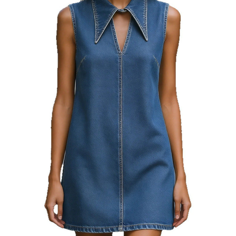 Amazon fashion casual chic denim simple turn-down collar mini skirt women's  summer new slimming skirt