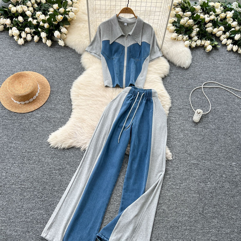 Summer outfit set: women's casual retro lapel faux two-piece short sleeve top with high-waisted patchwork denim wide-leg pants
