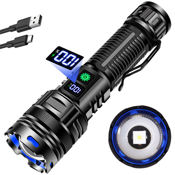 Cross-border new led strong light flashlight portable pen holder multi-function outdoor fast charging emergency digital display flashlight