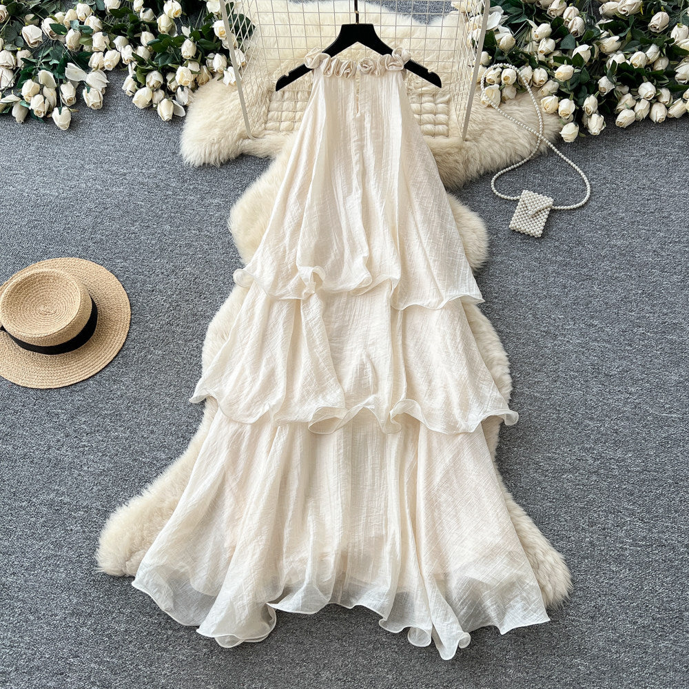 French halter sleeveless pure desire dress women's summer  new arrival vacation style white cake skirt elegant long skirt