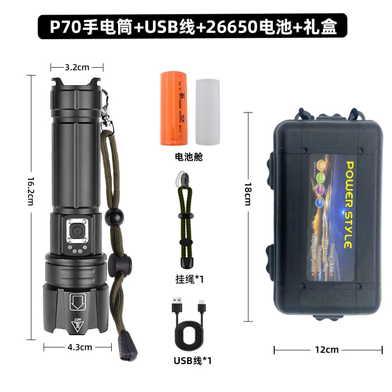 Cross-border special P70 flashlight super bright led aluminum alloy zoom electric display flashlight outdoor multi-function flashlight