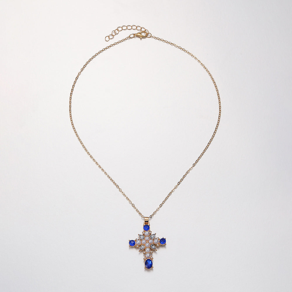European and american cross pendant necklace with blue diamond accents - women's niche, light luxury, high-end, and trendy clavicle chain jewelry