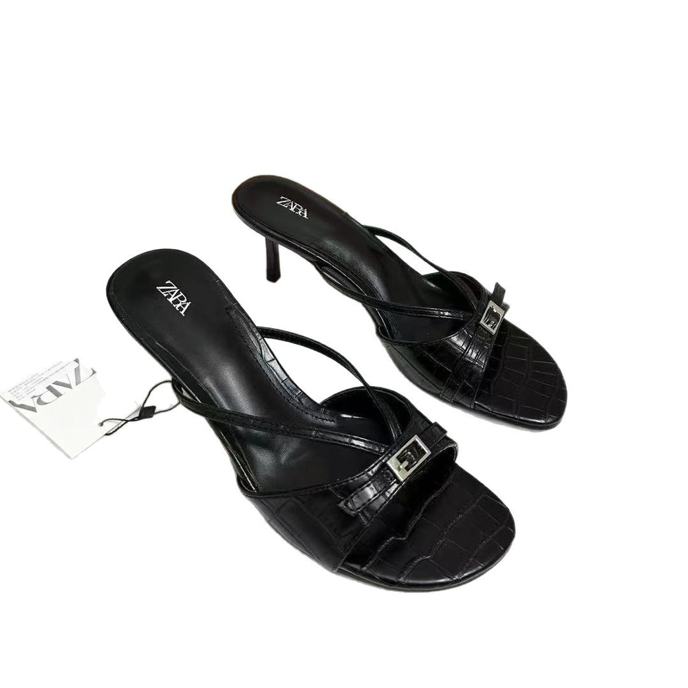 Za women's shoes 2025 summer new arrivals: buckled, embellished, round-toe stiletto sandals - open toe outdoor slides