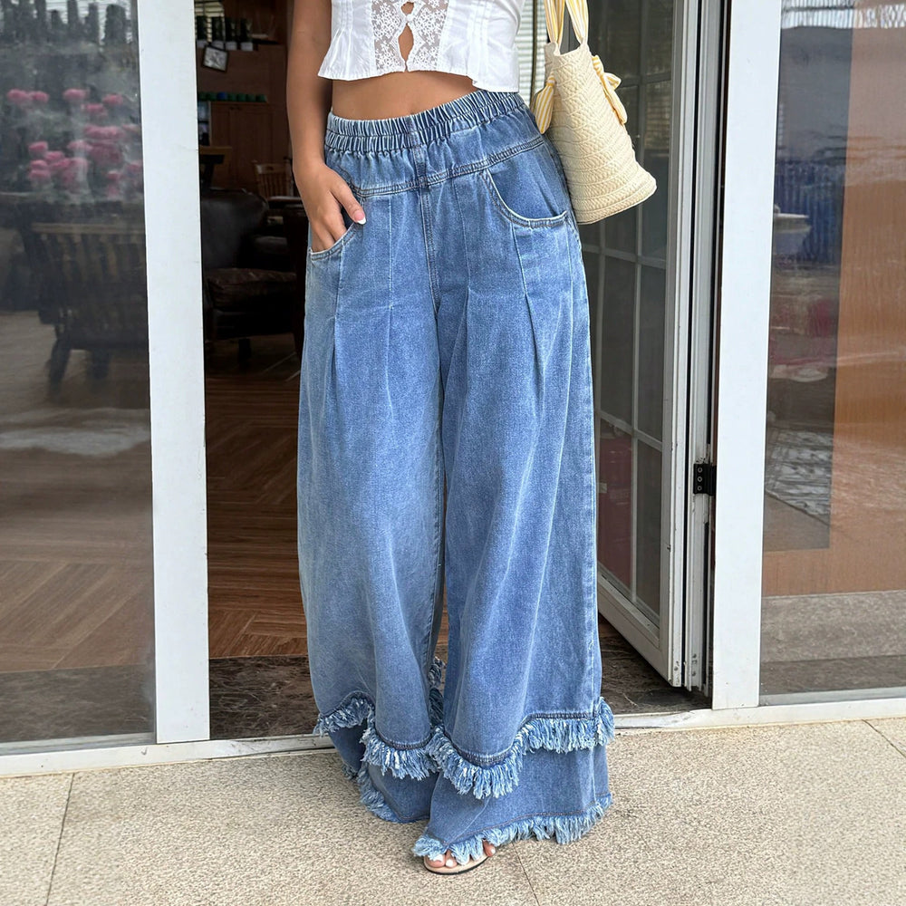 Fashionjeans women's elastic waist double-layer raw edge wide-leg mop pants soft washed denim casual