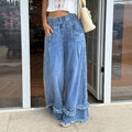Fashionjeans women's elastic waist double-layer raw edge wide-leg mop pants soft washed denim casual