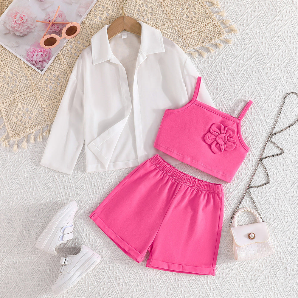 summer european and american style girls' new long-sleeved top + floral camisole vest + shorts three-piece set - direct from the manufacturer