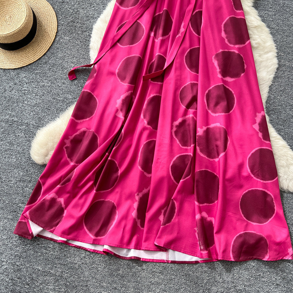 Vacation style halterbacklessprintingdress women's summerfashion classic strappy slimming look large swing long skirt
