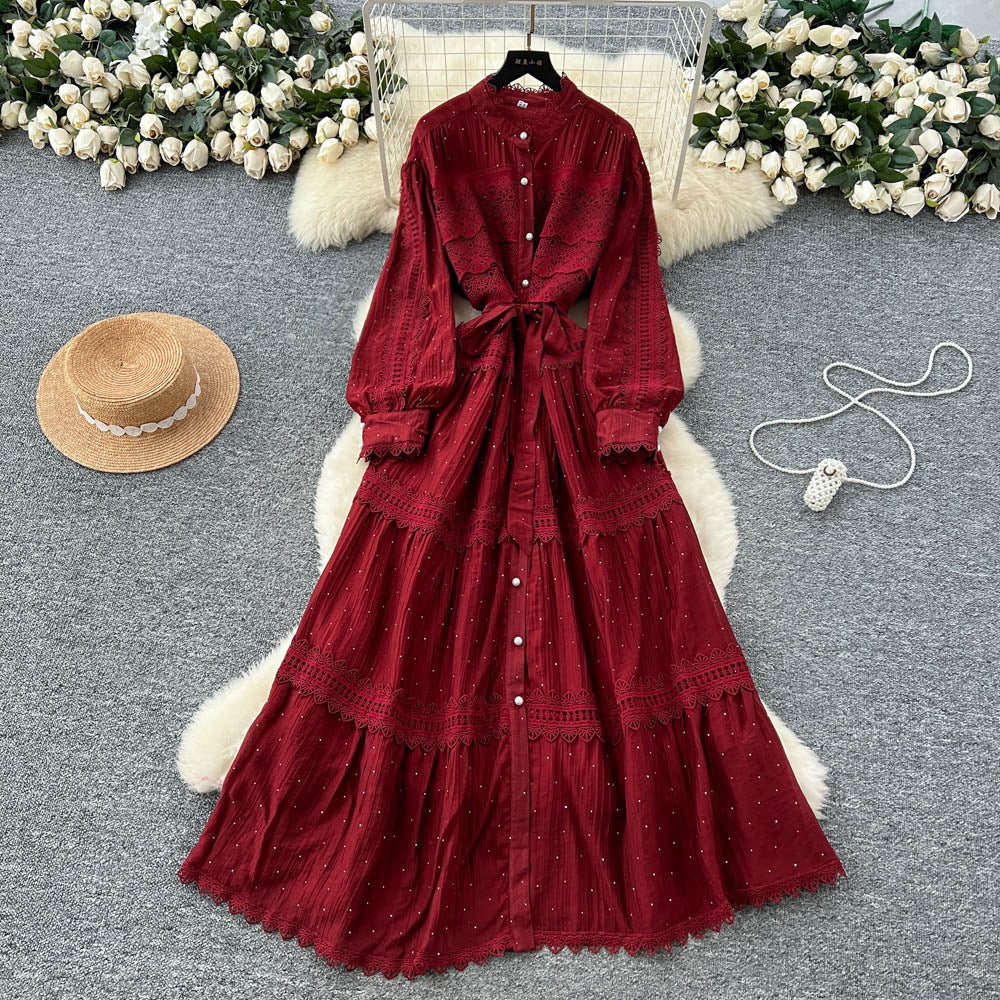 French retro court lace patchwork tie-waist lantern sleeve rhinestone embellished dress - slimming, elegant, and chic maxi dress