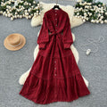 French retro court lace patchwork tie-waist lantern sleeve rhinestone embellished dress - slimming, elegant, and chic maxi dress