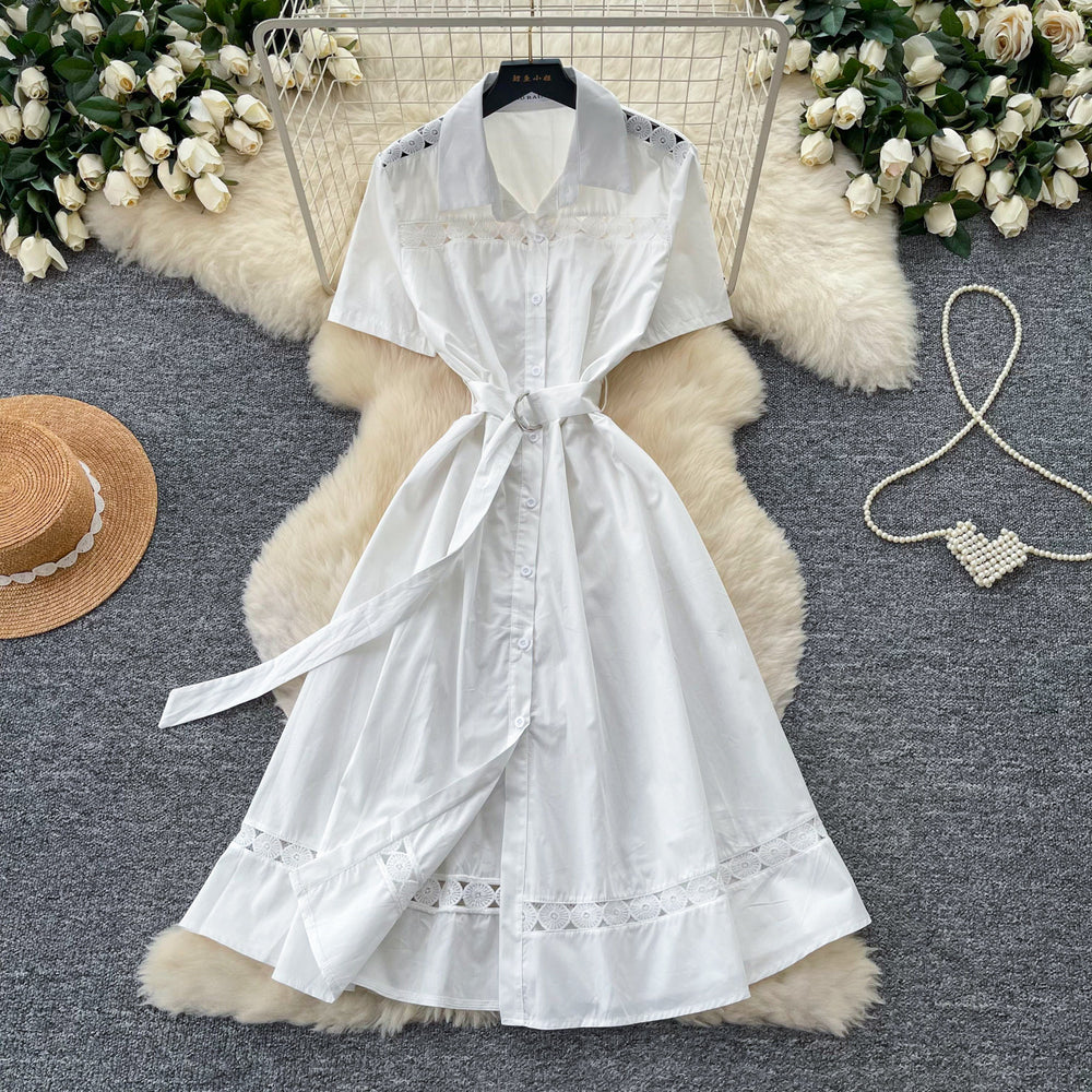 Lightly mature elegance style polo collar short-sleeved a-line dress women's summerk-style waist slimming lookelegantwork clothing skirt