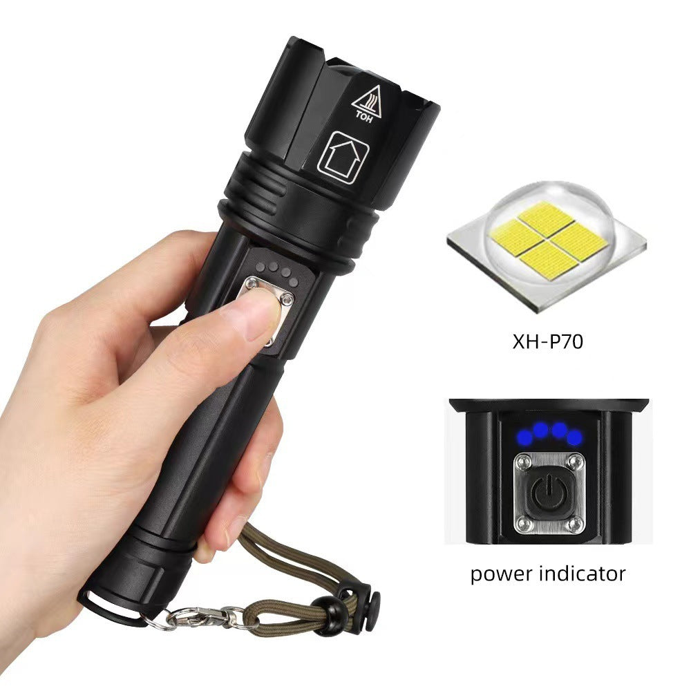 Hot Sale XHP70 Strong Light Flashlight USB Charging Outdoor Zoom Power Display LED Flashlight
