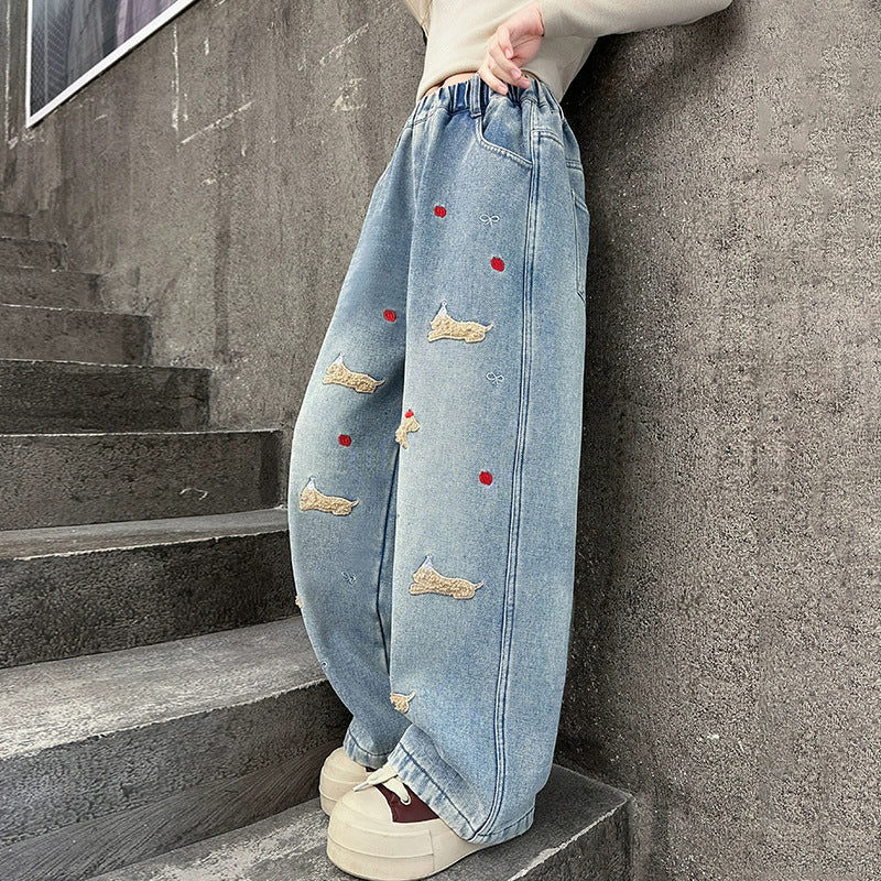 Girls' denim jeans - spring/autumn  new collection - trendy & stylish kids' pants - spring outfit for girls - wide leg straight leg jeans for older girls
