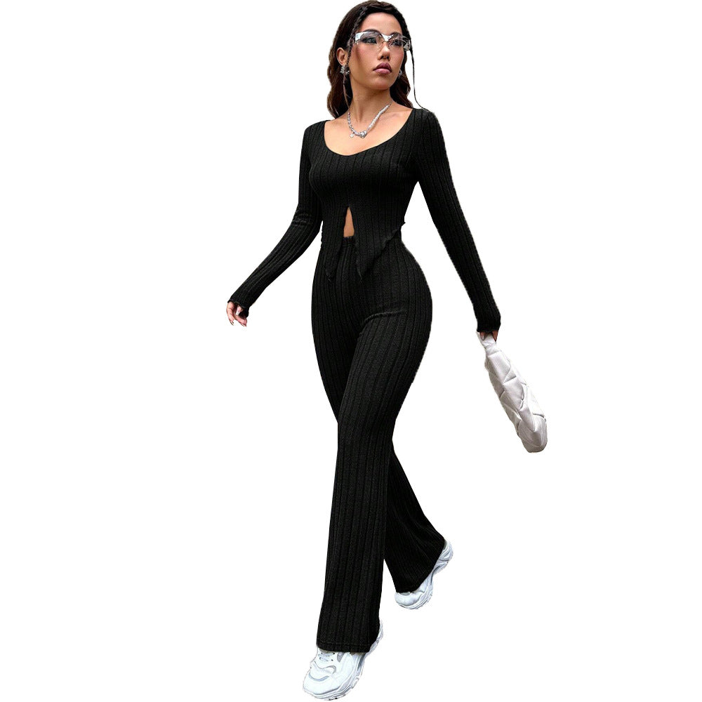 Amazon cross-border easiest for matchfashionsuit spring and summer pure color crop top high waist silm pants dopamine