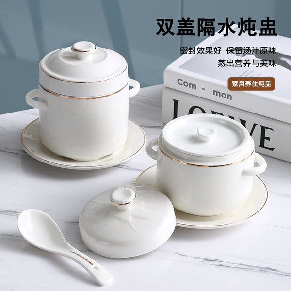 Ceramic water-proof stew cup Phnom Penh hotel with lid double lid binaural bird's nest stew bowl liner steamed egg cup stew pot small soup cup
