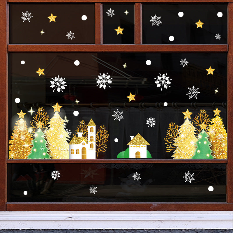 Christmas decoration glass door sticker shop window scene arrangement golden Christmas tree snowflake glue-free static sticker