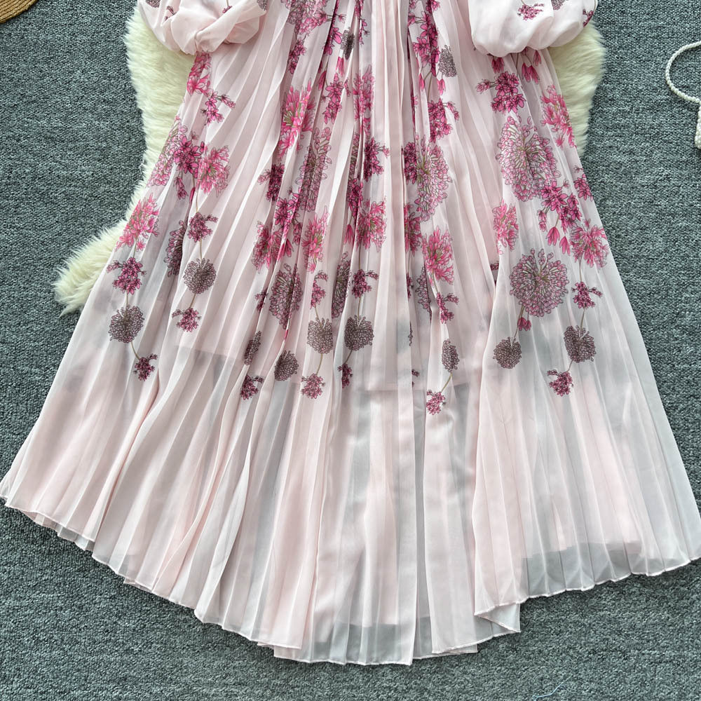 French chic dress - new  collection: high-end, figure-flattering, round neck, lantern sleeve, placement print, pleated maxi dress