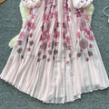 French chic dress - new  collection: high-end, figure-flattering, round neck, lantern sleeve, placement print, pleated maxi dress