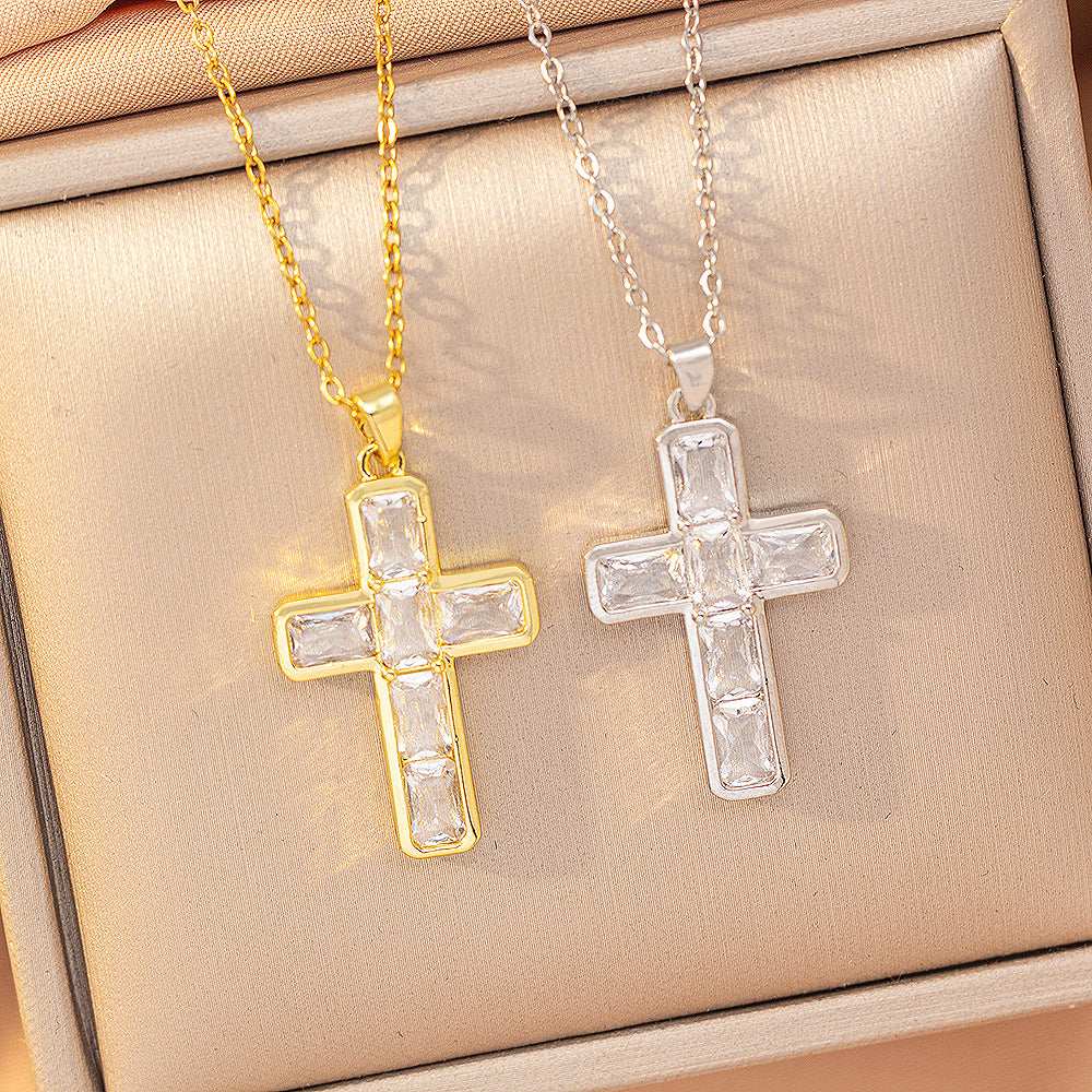 [titanium steel] fashion popular copper inlaid zirconium cross necklace high-end accessible luxury fashion stylish clavicle chain jewelry