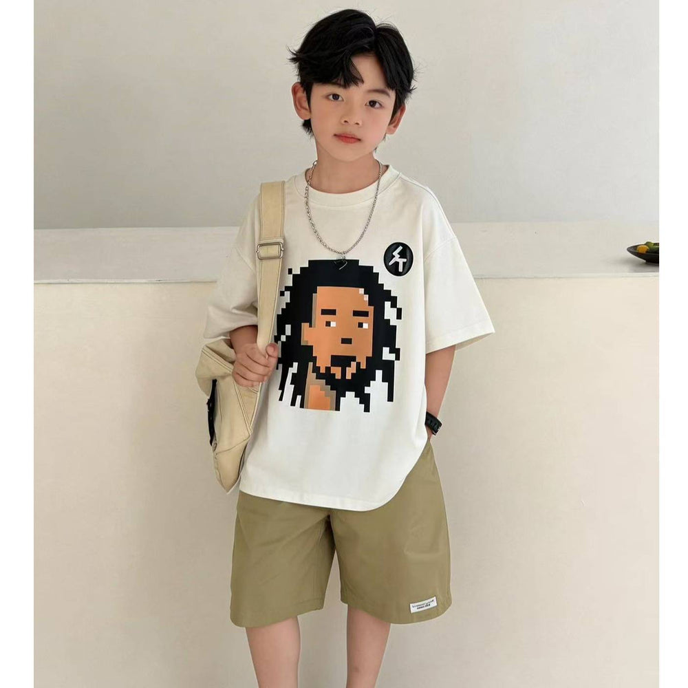 White cotton boys' short-sleeve t-shirt, summer  new arrival, loose fit, casual cartoon print, kids' half-sleeve tee 010