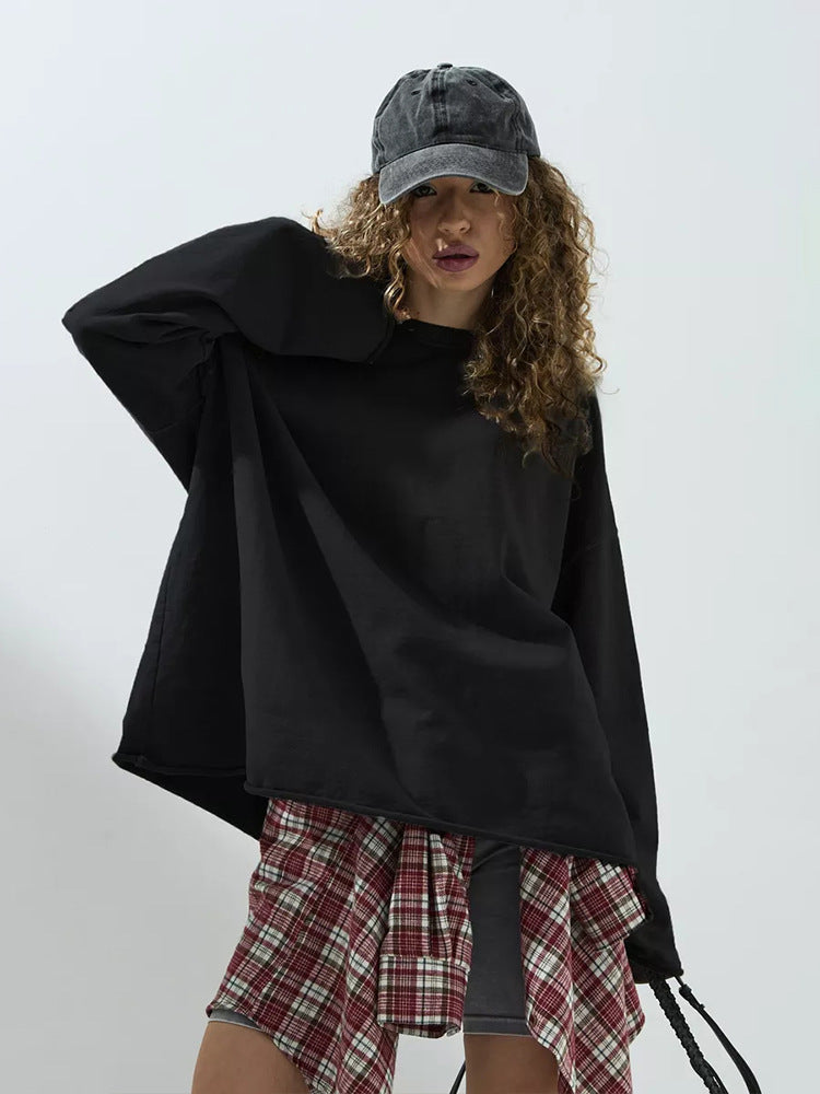 European and American  new women's clothing spring and autumn loose solid color Oversize round neck long-sleeved casual T-shirt fashion sweater women