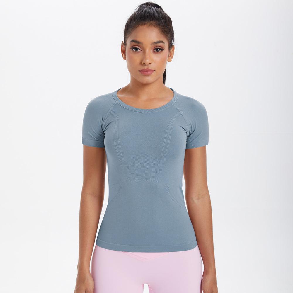Spring/summer new one-piece knit short-sleeve crew neck sports t-shirt - running, fitness, slim-fit, breathable yoga top for women
