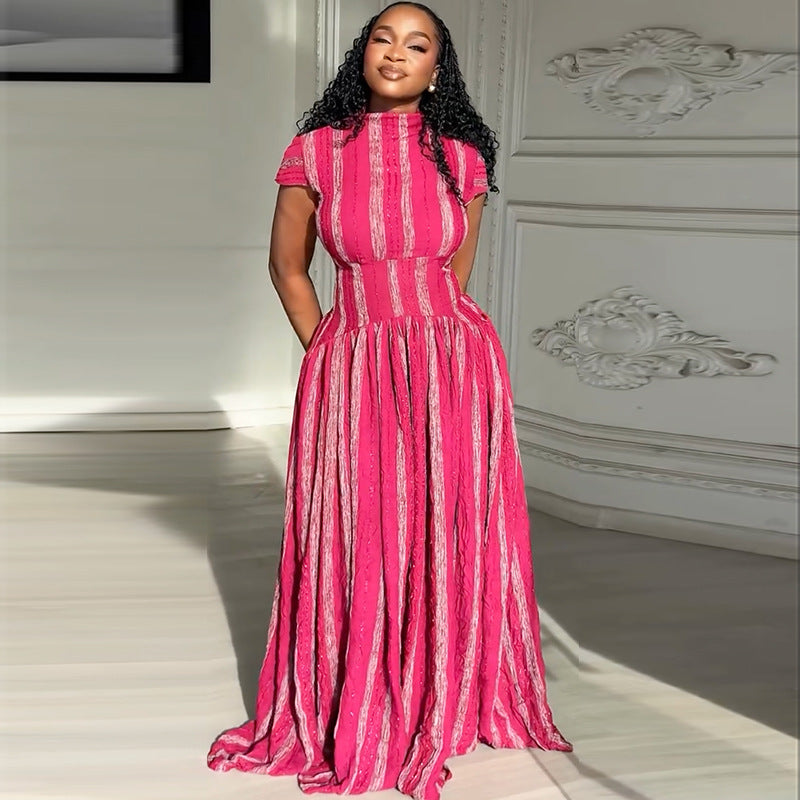 European and American  women's clothing 2025 autumn new fashionable fresh semi-turtleneck waist striped pleated dress dress