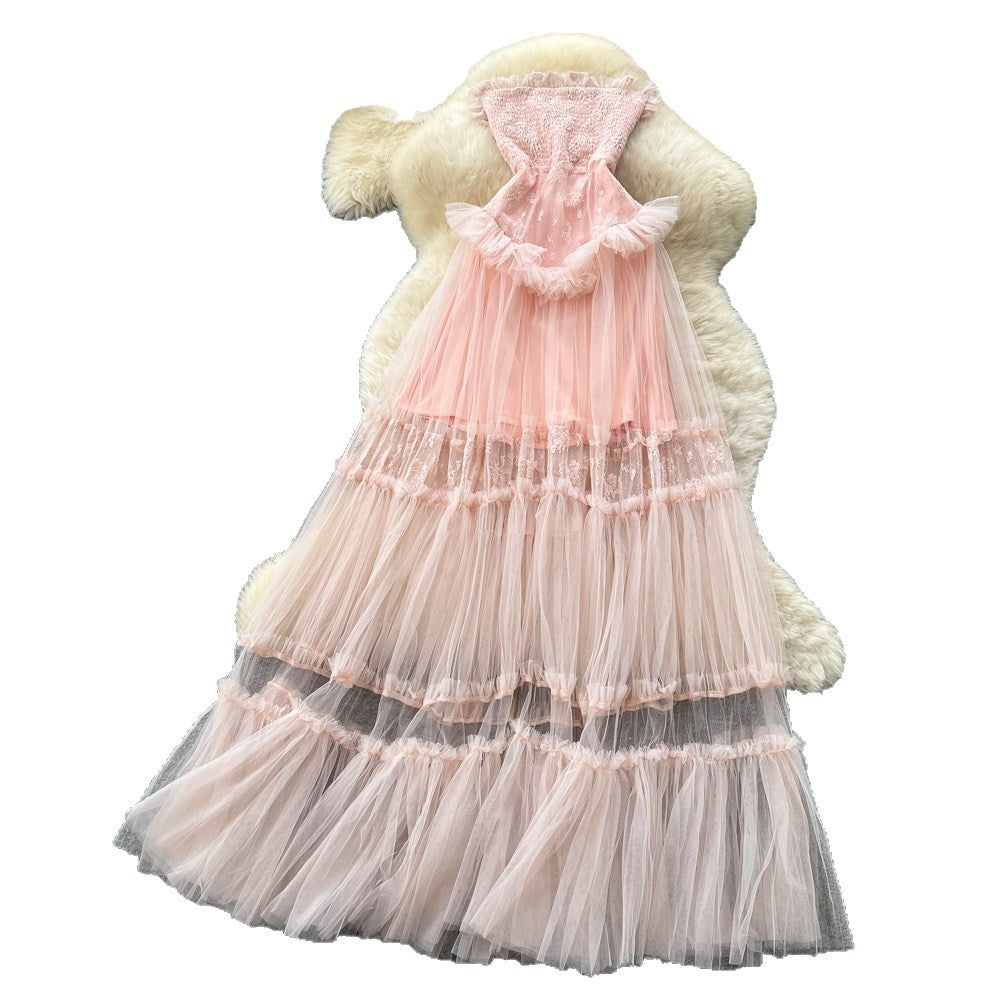 Fairy styletube tophalterlacepatchworkdress women's summer sleeveless high waist large swing long skirt sense of design waist skirt