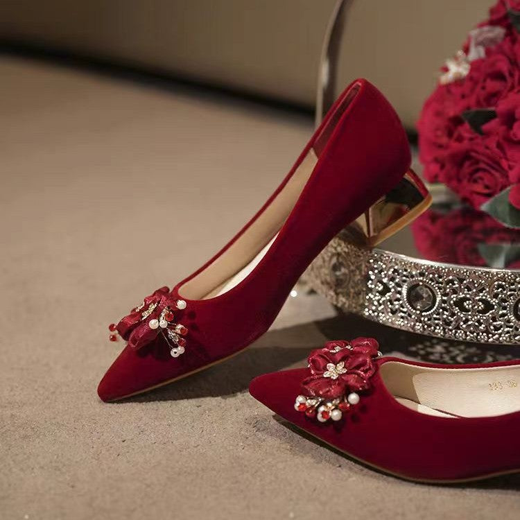 2026 new pointed-toe floral red suede chunky heel xiuhe wedding shoes - comfortable high heels for women - chinese style bridal shoes