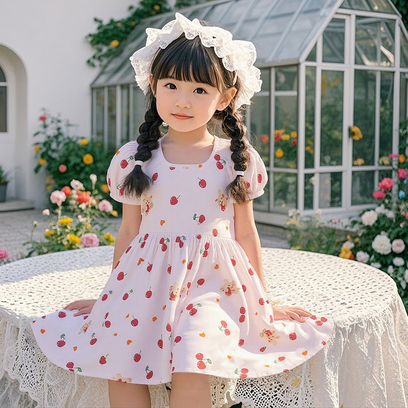 Girls' summer floral dress - trendy bubble sleeve sundress for kids - stylish cartoon print dress